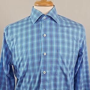 Peter Millar Blue Checker Plaid Long-Sleeve Button-Up Shirt Men's Medium